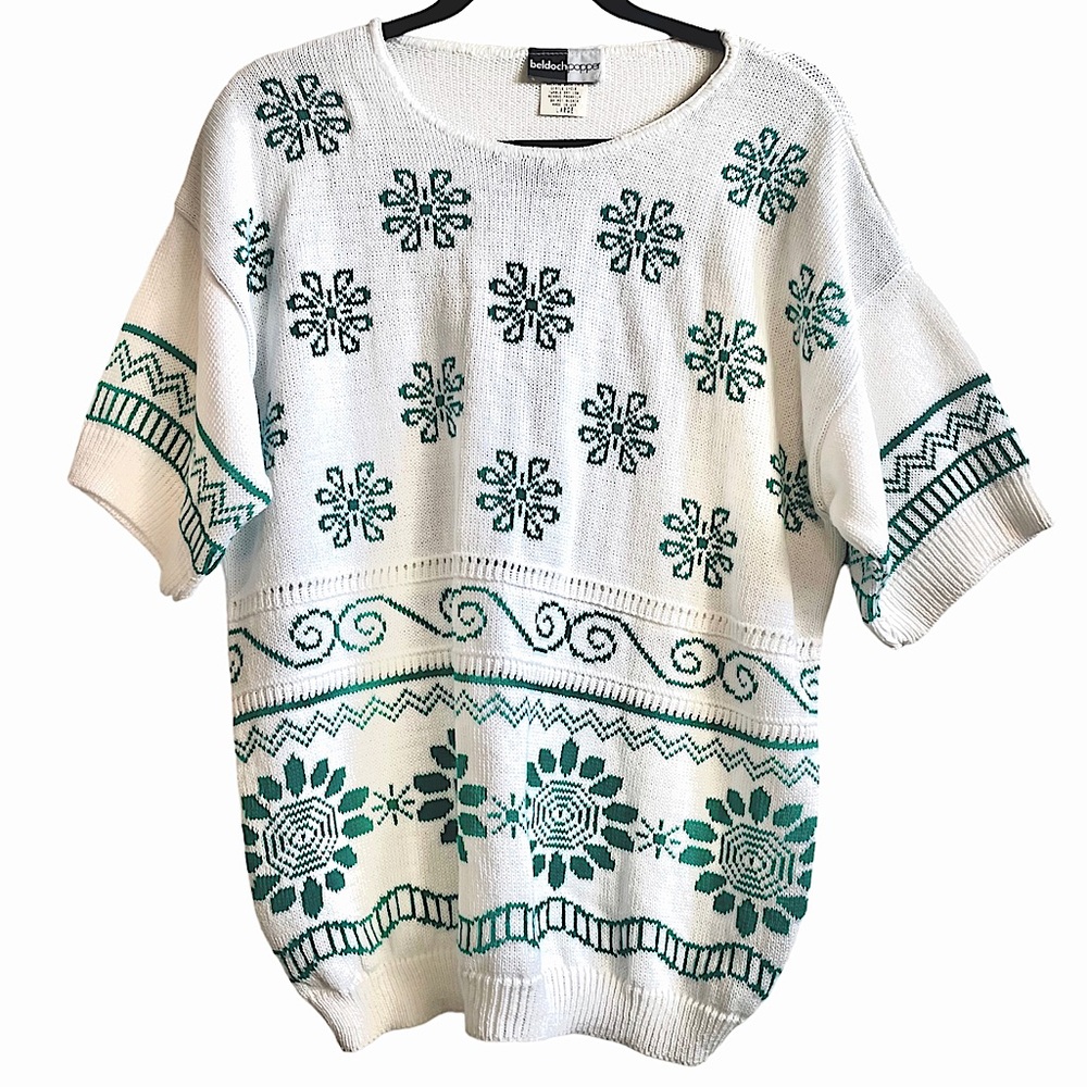 Vintage 80s Beldoch Popper Green Floral Short Sleeve Sweater Top Large